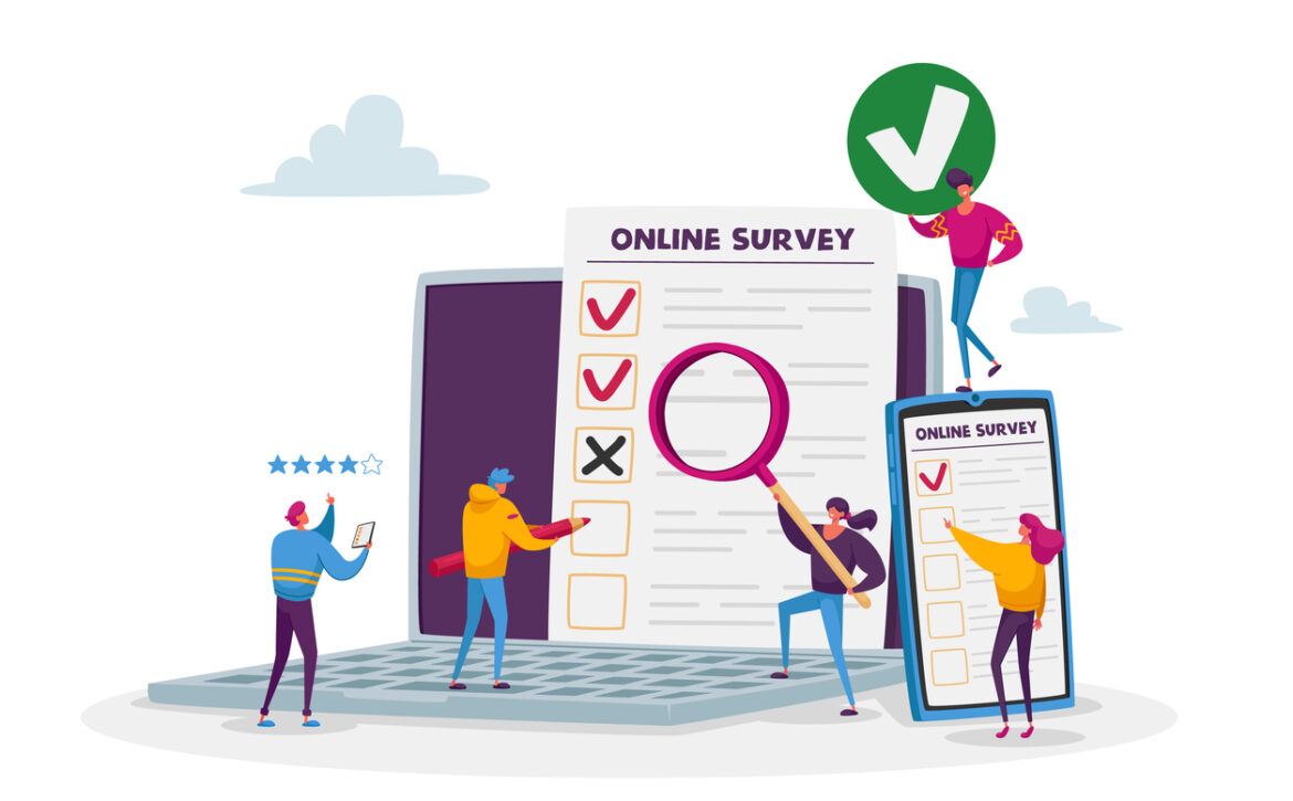 Online Survey Concept. Tiny Male and Female Characters Filling Digital Form on Huge Laptop and Smartphone Application