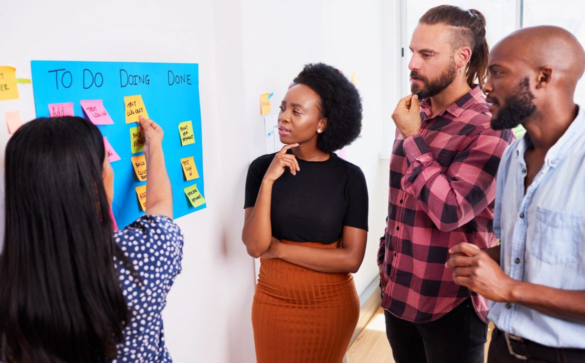 Scrum team participates in daily stand up on KANBAN board, mobile app developers